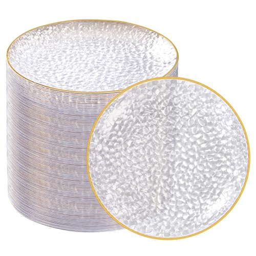 Rubtlamp 100 Pack Clear Gold Plastic Dessert Plates 6Inch Clear Gold Small Appetizer Plates With Hammered Heavy Duty Disposable Salad Plate Elegant Cake Platos for Wedding Birthday Teatime