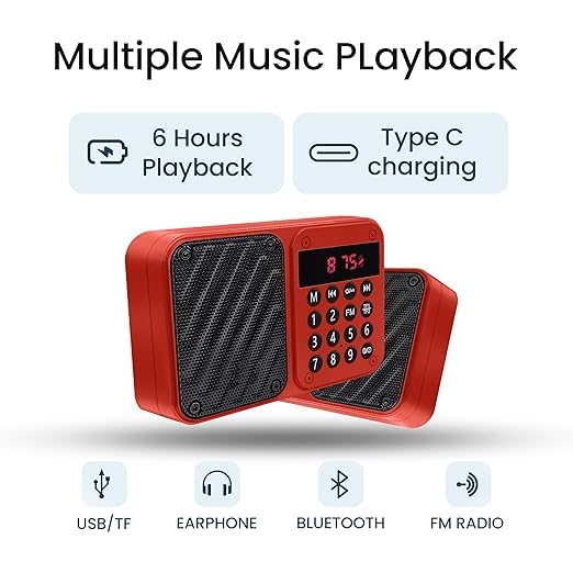 Image of M7 Pocket Blast FM Radio with Bluetooth Speaker with Powerful Sound, 6w-12 Hours (Tupe C Charging) and Number Pad (AUX, SD Card, USB Input (AUX, SD Card, USB Input) (M-7 Red)