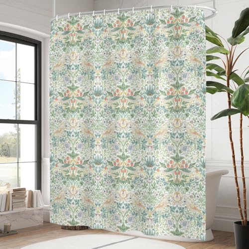 Sufeasdf William Morris Shower Curtain Vintage Strawberry Shower Curtains for Bathroom Boho Rustic Birds Polyester Waterproof Bathroom Decor Chinoiserie Botanical Bath Curtain With12 Hooks 72