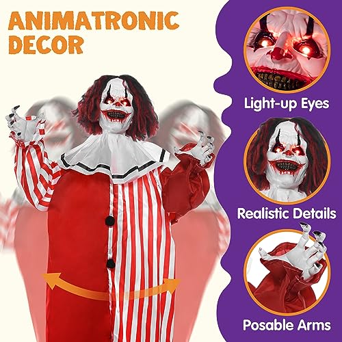 Image of JOYIN 67 inch Halloween Decorations Outdoor, Scary Animatronics Clown Decor Clearance with LED Eyes and Creepy Sound, Life Size Animated for Haunted House Lawn Yard Patio