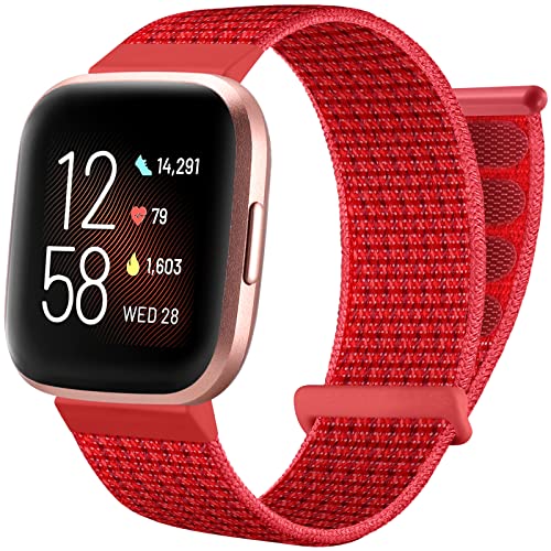 Ouwegaga Bracelet Compatible avec Fitbit Versa/Fitbit Versa 2 Bracelet pour Femme Homme, Réglables Nylon Respirant Rechange Bracelet Compatible avec Fitbit Versa/Versa 2/Versa Lite Bracelet, Rouge Cover