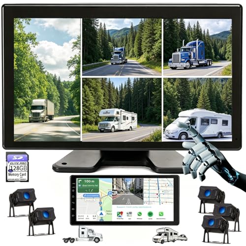 Image of 5-Channel GPS Navigation Car Stereo with Carplay 11-Inch Split 128GB 1080P Backup Camera Monitor & Built-in DVR for RV Truck Trailer Rear Side Front Reversing View Wired System Waterproof