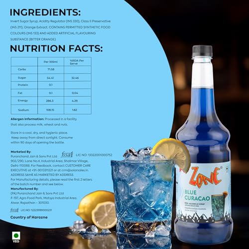 Image of Zone Blue Curacao Flavoured syrup 1000ml - Tropical Blue Citrus syrup for Mocktails, Cocktails, Coolers, Sodas, Lemonades & Summer Drinks | 1 Litre - More Servings, Perfect For Cafe Restaurants & Professional Use