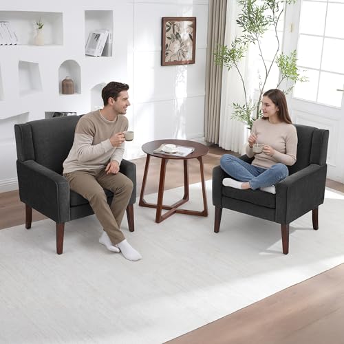 Image of Accent Chairs Set of 2, Mid-Century Reading Chair with Wood Legs, Upholstered Comfy Living Room Chair for Bedroom, Apartment, Waiting Room, Dark Grey