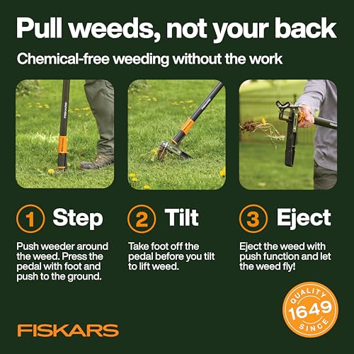 Fiskars 3-Claw Stand Up Weed Puller Tool, Gardening Weeder, Hand Weeding Tool with 39" Long Ergonomic Handle with Easy-Eject Mechanism