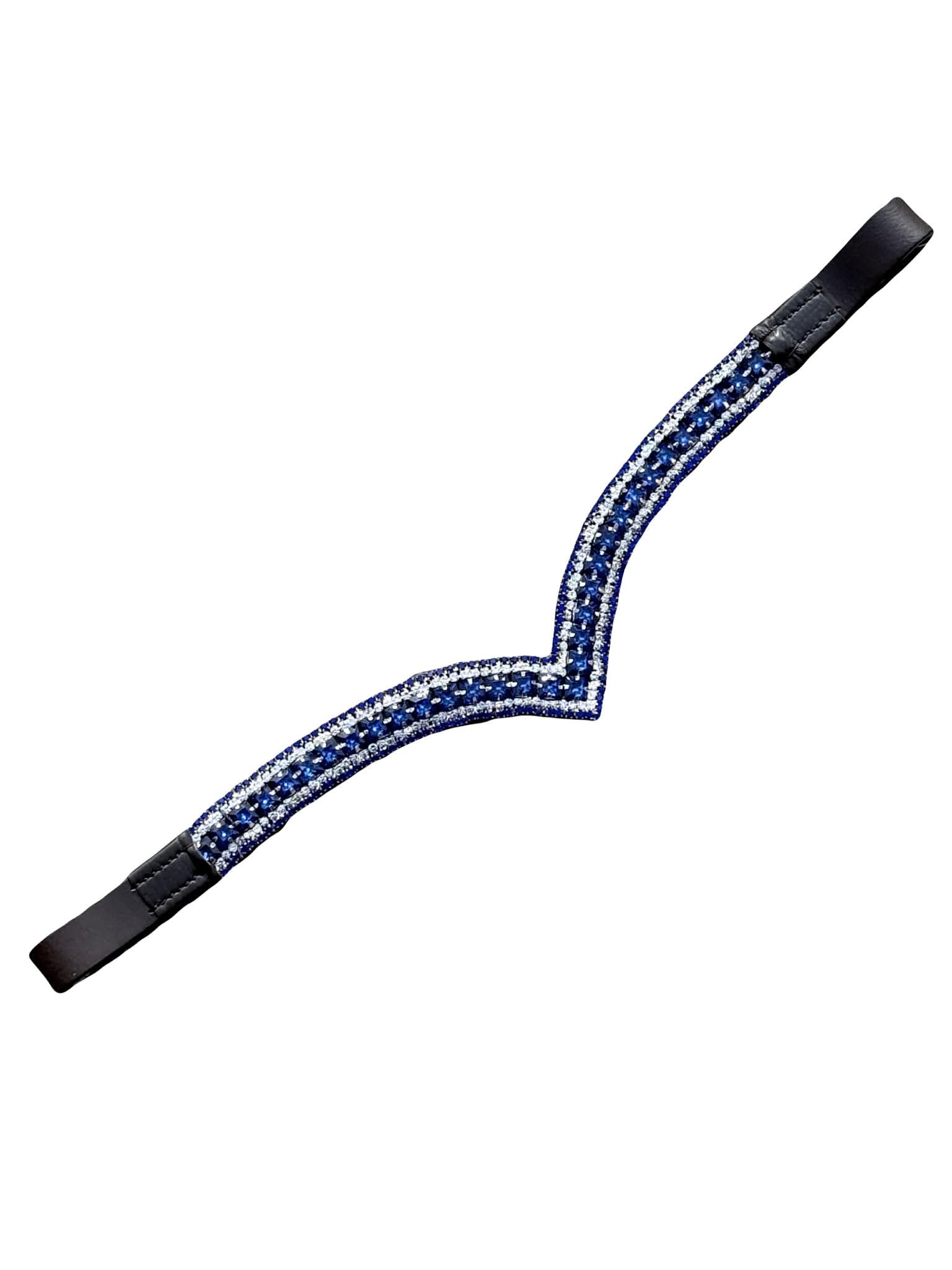 Horse Bling Browband for Bridle, V Shape, 5 Row Royal Blue and Clear Rhinestones, Black and Brown Leather, Dressage and Show Jumping (Black, Cob)