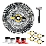 British Wire Wheel 13x7 Reverse 100 Spoke Straight Lace Wire Wheels with Zenith Cut Gold Knock Off Spinner Caps + Adapters 4x100, 4x4.25, 4x4.5 | Chrome Deep Dish Lowrider Rim | Set of 4 + Lead Hammer