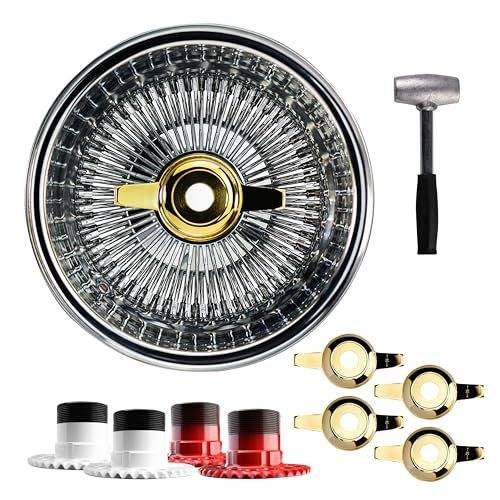 British Wire Wheel 13x7 Reverse 100 Spoke Straight Lace Wire Wheels with Zenith Cut Gold Knock Off Spinner Caps + Adapters 4x100, 4x4.25, 4x4.5 | Chrome Deep Dish Lowrider Rim | Set of 4 + Lead Hammer