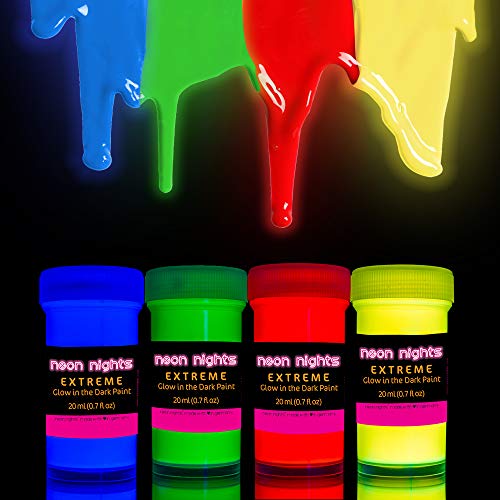 Glow in The Dark Paint Extreme by neon nights – Set of 4 Professional Grade Glow Paints – Neon Glowing Phosphorescent Paint - Long-Lasting Self-Luminous Paint Handcrafted in Germany