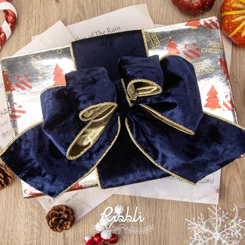 Image of Ribbli Navy Velvet Wired Ribbon 4 Inch Metallic Navy Gold Crushed Velvet Christmas Ribbon for Gift Wrapping Christmas Tree Decoration Crafts Wreaths Supplies-Continuous 10 Yards