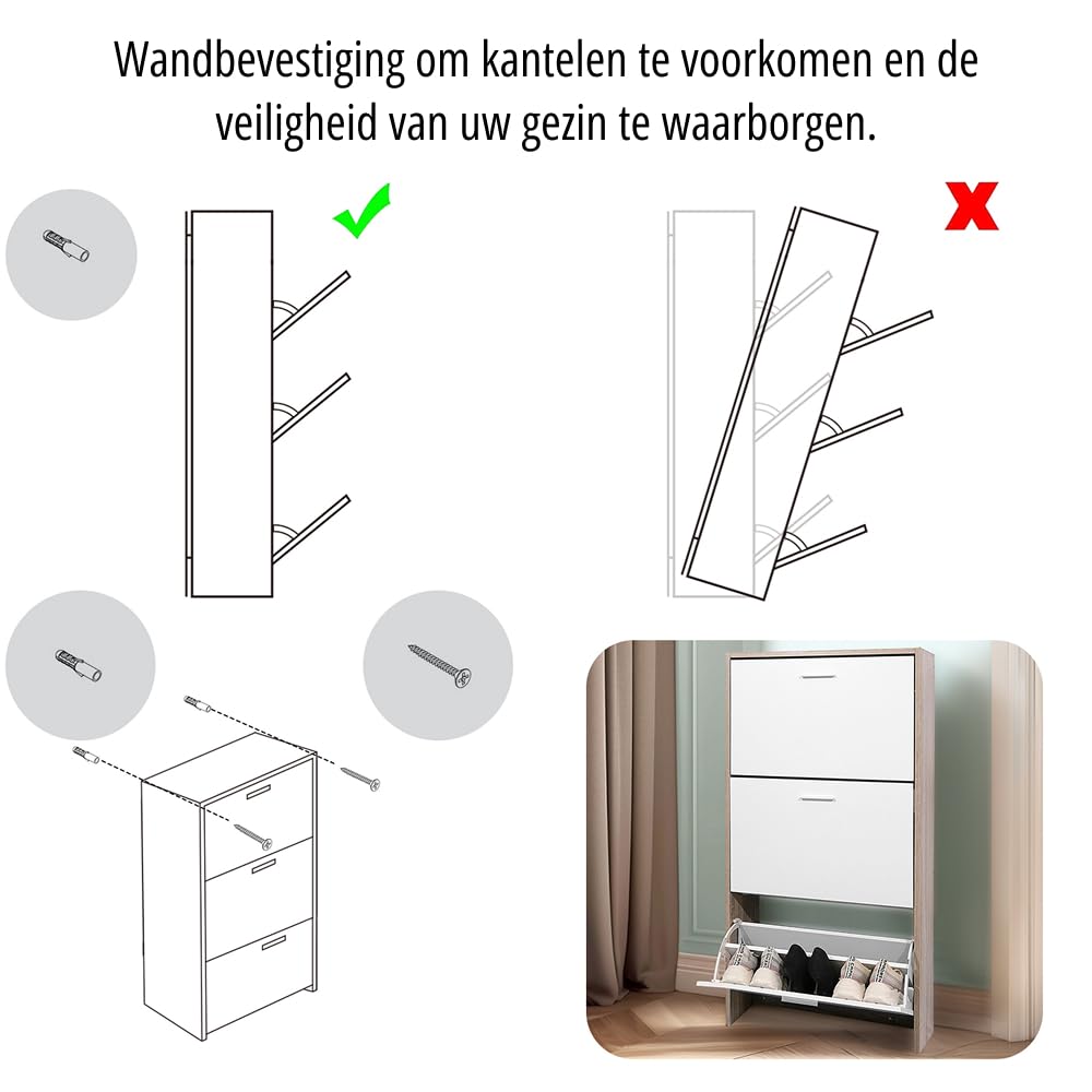 CASABEL, Mueble Zapatero de 18 Pares, Estantería de Gran Capacidad para vestíbulo o Pasillo, (Ancho) 60 x (Profundidad) 24 x (Alto) 113 cm, Madera Clara Blanca