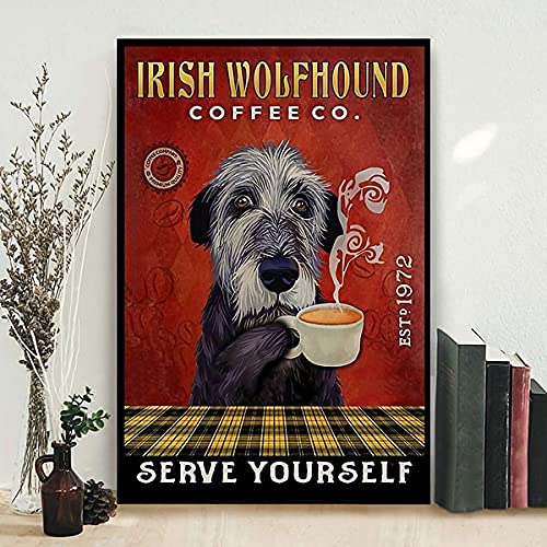 Vintage Funny Metal Tin Sign The Irish Wolfhound Coffee Company Dog Cute Poster Style Wall Man Cave Garage Farm Pet Shop Art Pub Bar Retro Decor