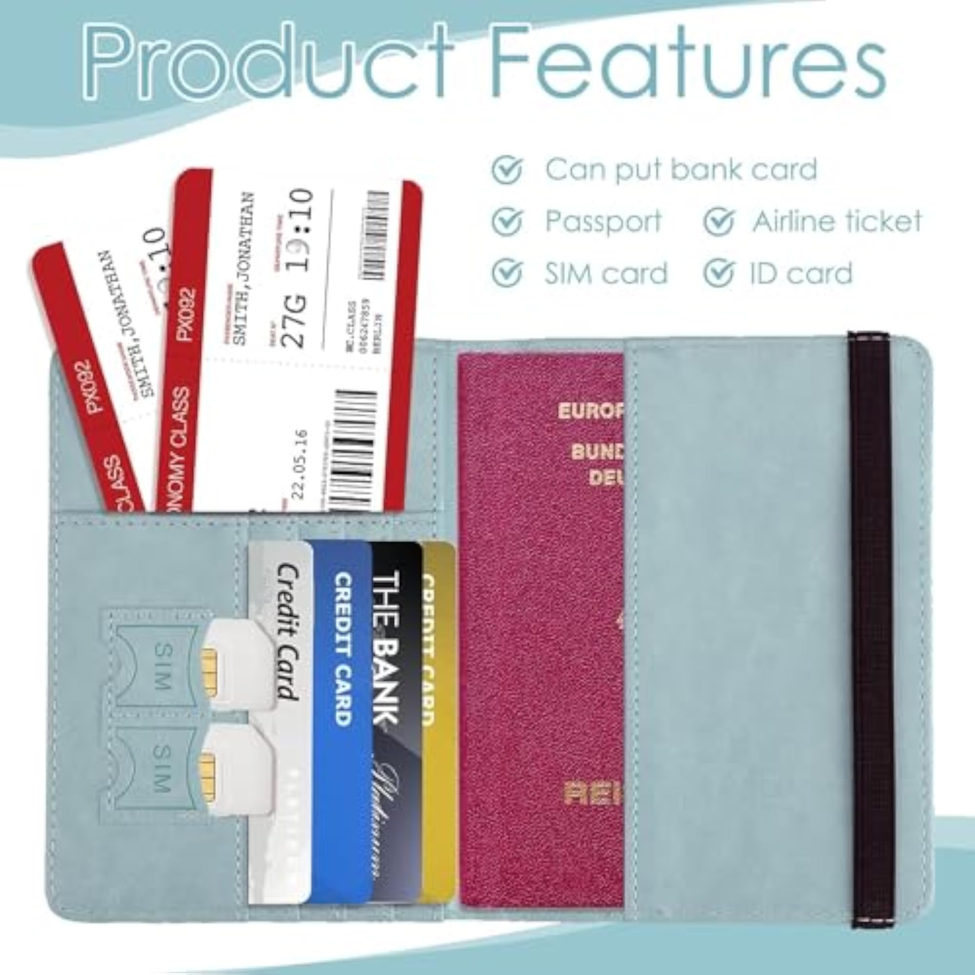 PU Leather Passport Holder Travel Wallet Organiser, Sky Blue