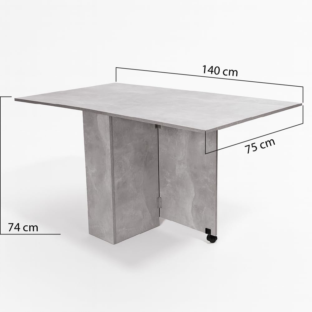 BAKAJI Tavolo da Pranzo Salvaspazio Cemento, Scrivania Pieghevole Richiudibile Allungabile con Libreria 2 Scomparti Ripiani a Scomparsa e Ruote, Design Multiuso Moderno 140 x 75 x 74 cm
