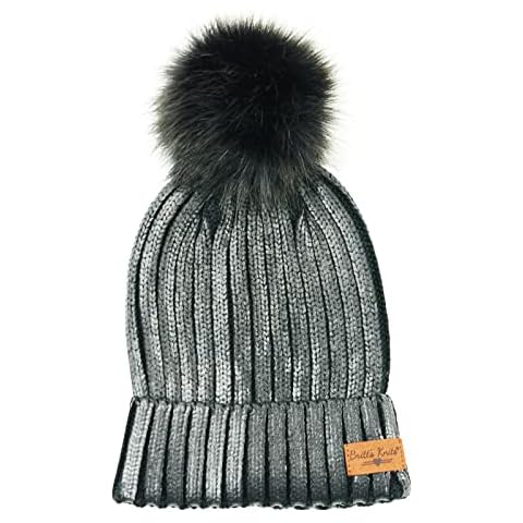 Britt's Knits Women's Metallic Glacier Knit Cold Weather Pom Hat Ski Cuff Cap, Black, One Size Cover