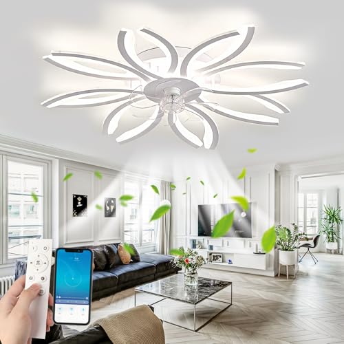 Tuya Alexa Ventilador De Techo Con Luz Y Mando A Distancia, Reversible Silencioso LED Flor Lampara Ventilador Techo, 105cm 6 Velocidad DC Motor Ceiling Fan with Light Para Dormitorio Salón Habitación