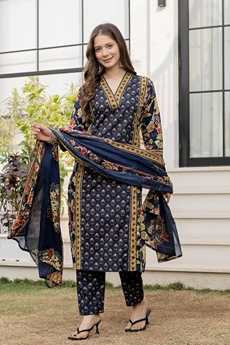 Image of MEERA FAB Women's Cotton Blend Straight Printed Kurta with Palazzo & Dupatta