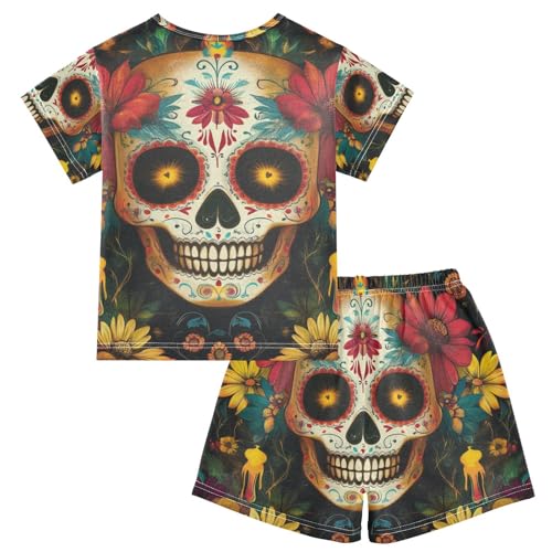 ALAZA Sugar Skull and Flowers Pajama Set Short Sleeve Sleepwear Soft Lounge Nightwear2