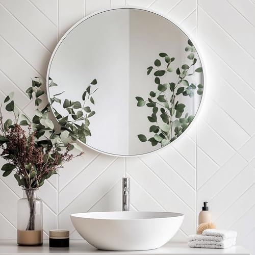 Image of Oruii White Round Mirror, White Round Mirror 24 inch, Circle Wall Mirrors Metal Frame, Circular Mirrors for Bathroom, Wall, Living Room, Entryway, Hallway, Vanity, Rustic
