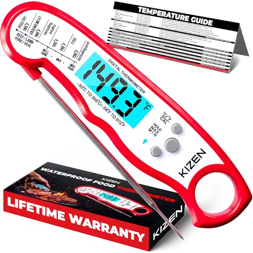 Product Image of the KIZEN Instant Read Meat Thermometer Digital - Food Thermometer for Cooking, Grill, Oven, BBQ - IP67 Rated Waterproof - Large Backlit Display and Magnetic Back
