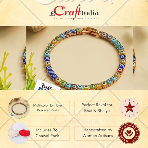 Image of eCraftIndia Multicolor Evil Eye Bracelet Rakhi with Best Bro Ever Fridge Magnet | Designer Rakhi for Brother Bhaiya Bhai Bhabhi | Roli Chawal Pack