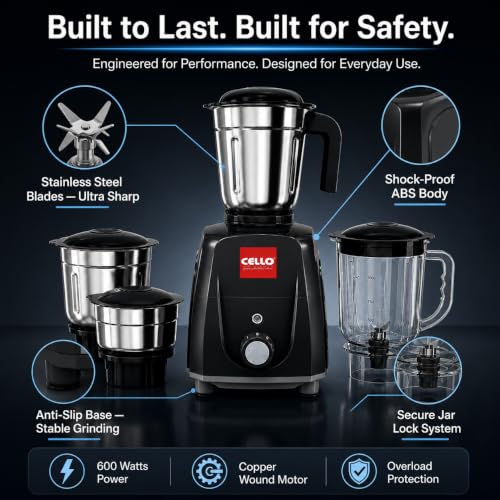 Image of CELLO Unitech 600W Mixer Grinder with Juicer Jar | 4 Jars | Copper Motor | 3 Speed Control | Stainless Steel Blades | Mixer, Grinder & Juicer for Juices (Unitech 600W Mixer Grinder Black)