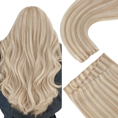 Image of Ugeat 80G Butterfly Weft Hair Extensions Highlight Human Hair Butterfly Weft Extensions Golden Blonde Mix Light Blonde Highlight Butterfly Wefts Human Extension Add Volume 16 Inch