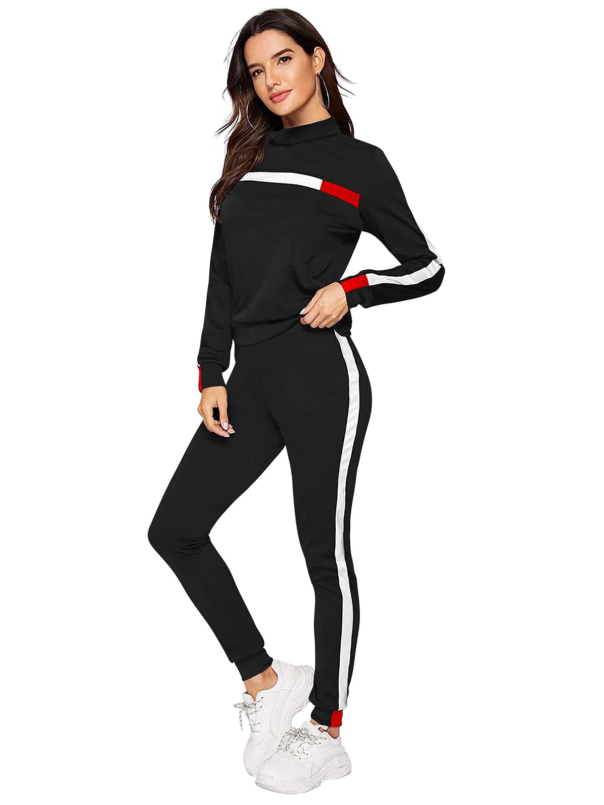 Women Stripe Patchwork Two Piece Sweatsuit Round Neck Pullover and Skinny Long Pants Sets (Track-2871)-image-25