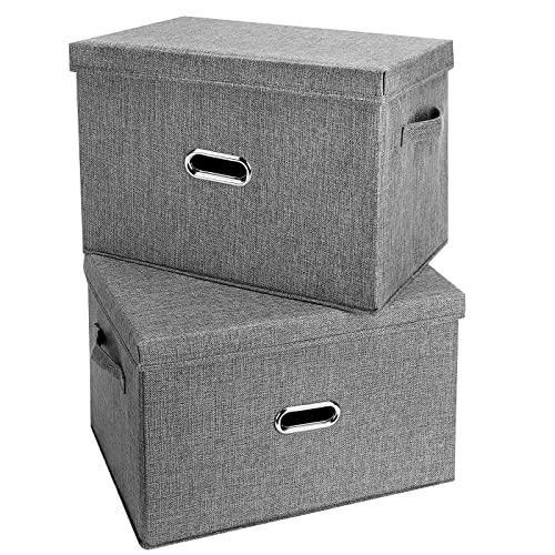 Image of Large Linen Fabric Foldable Storage Bins with Removable Lid and Handles, Washable Storage Box Organizer Containers Baskets Cube with Cover for Bedroom,Office (Grey, Small(2-Pack))