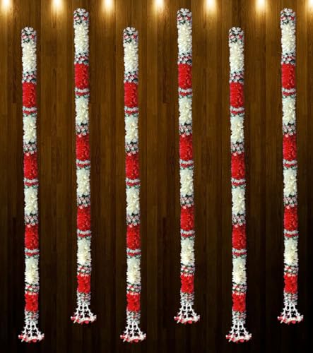 Image of Artificial White Gajra Jasmine & Colourful Flower Strings for Wedding Decorations, Event Decor Perfect for Diwali, Ganpati & Pooja /Temple /Mandir Decoration, 5ft (6, Red - 5ft)