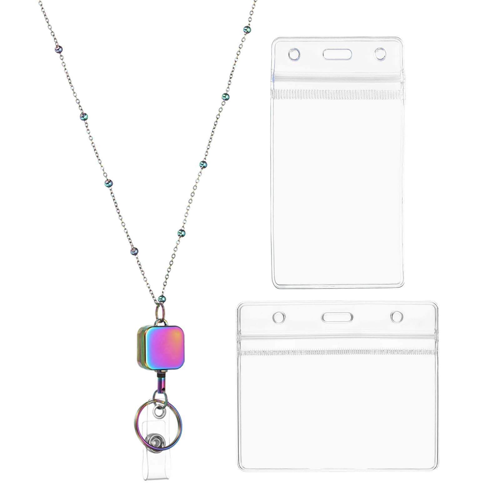 PATIKIL Badge Necklace Lanyard with ID Holder,304 Stainless Steel Retractable Square Badge Reel Lanyard Clip Chain with 1 Set ID Holder for Woman Office ID Card Key,Rainbow Color