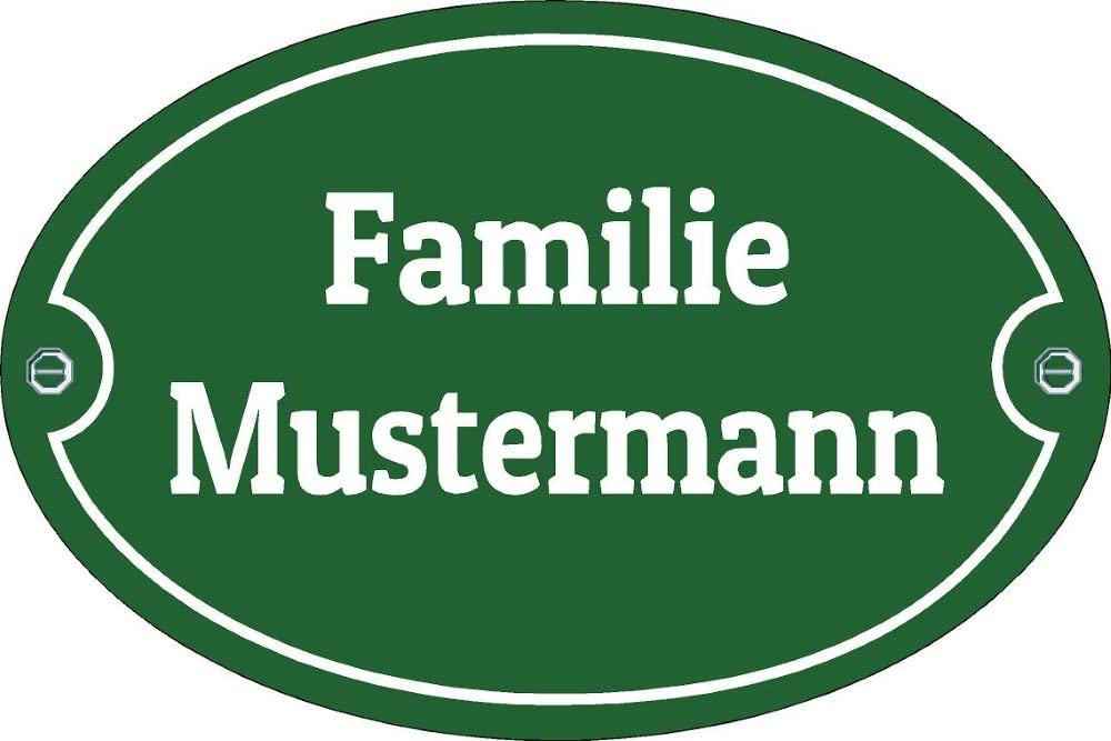 Türschild - Format 120 x 80 mm - Familienname - Emaille - Keramik - Wetterfest. Farben: Blau Grün Anthrazit Dunkelblau Weiß - Wunschtext. J.Pfaffenzeller