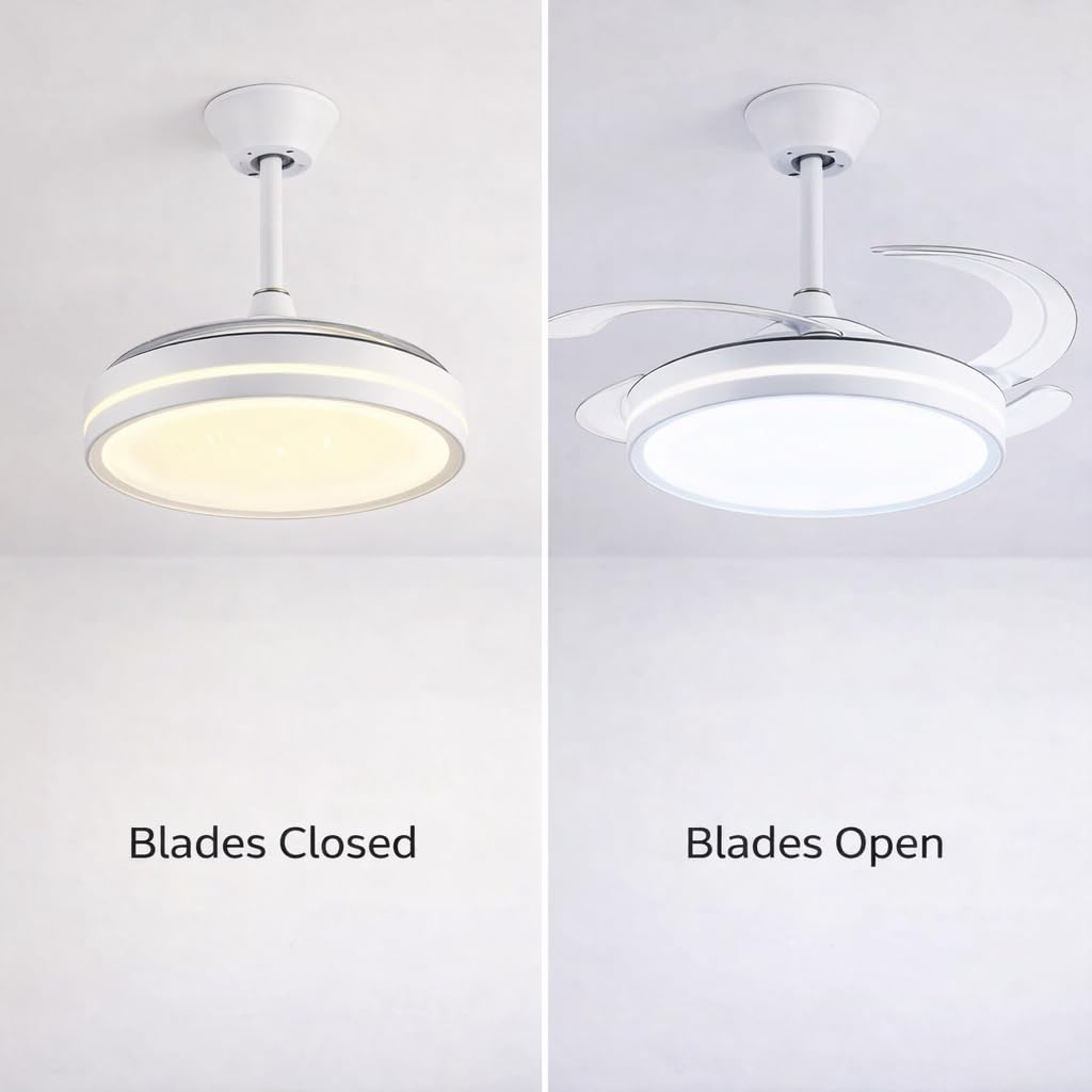 Generico Ventilatore da Soffitto con Luce LED, Pale Retrattili 120 cm, Telecomando Incluso, 3 Temperature Luce, 6 Velocità, Timer, Design Moderno per Soggiorno Camera da Letto