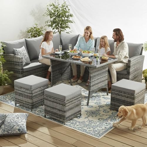 Image of BIRCHTREE PE Rattan Garden Furniture Set Sofa Chair Foot Stool Table Glass Coffee Table 9 Seater Cushion Outdoor Patio Conservatory RFS04 Grey