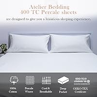 Vista 28 de Atelier Juego de sábanas de 4 piezas, 100% algodón de lujo, 400 hilos, tejido de percal de fácil cuidado, verde egeo, tamaño Queen