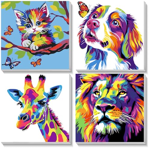 NEWENMO 4 Pack Paint by Numbers Kit Cute Animals Paint by Number with Frame Painting by Numbers DIY Acrylic Art Painting on Canvas for Home Decor 20x20cm