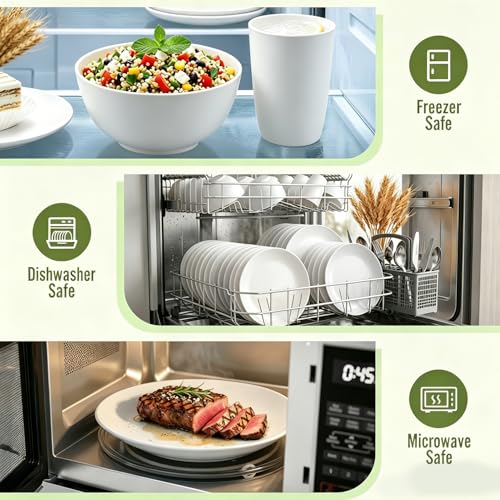 Image of 40 PCS Wheat Straw Dinnerware Sets, Service for 8 - Dinner Plates, Cereal Bowls, Drinking Glasses, Unbreakable Plastic Plates and Bowls Sets, Dishwasher and Microwave Safe for Kitchen - White