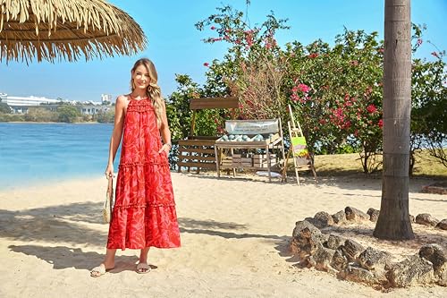 Image of GRACE KARIN 2026 Women's Floral Halter Maxi Dress Boho Summer Beach Sundress with Tiered Ruffle Skirt
