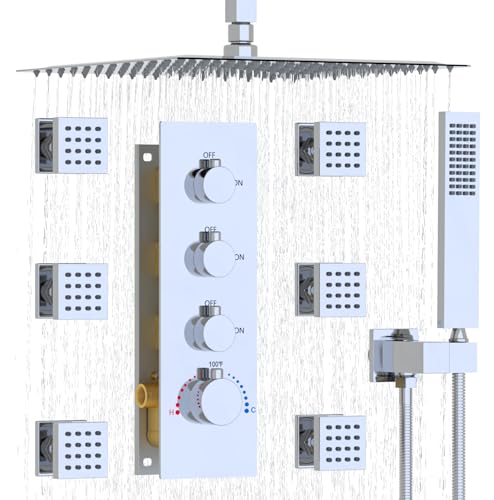 Juego completo de grifo mezclador de ducha de 40,64 cm para trabajar juntos, sistema de chorro de lluvia de techo con válvula termostática, cromado