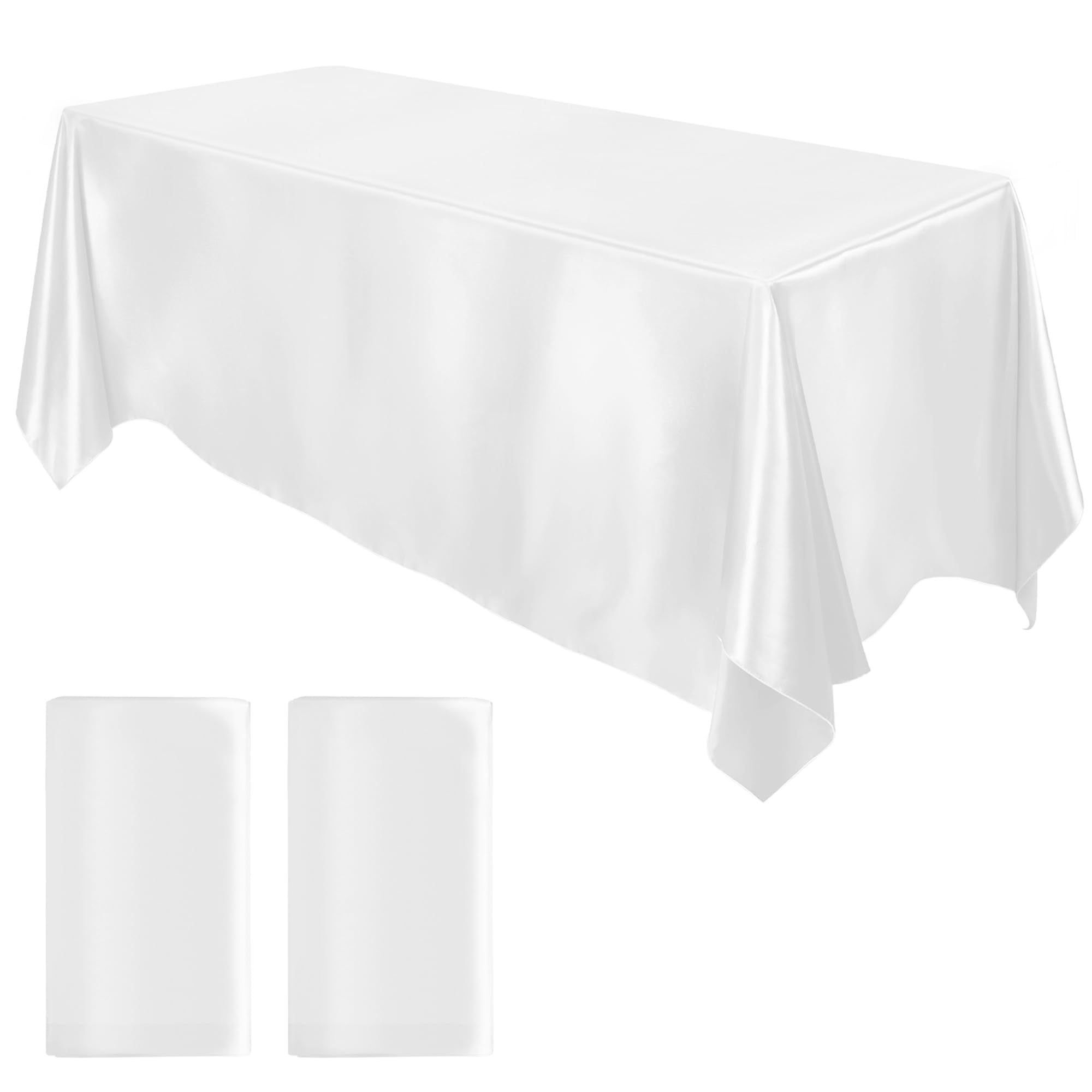 Photo 1 of MCEAST 2 Packs Satin Tablecloth 102 x 58 Inches Rectangular Table Overlay Cover Bright Silk Tablecloth Smooth Fabric Table Decor for Wedding Banquet Decoration (White)
