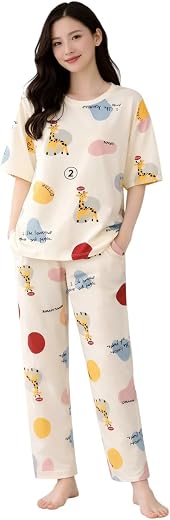 NoseQueen Women's Cotton Night Dress Top &amp; Pajama Set | Summer Nightwear | Soft Breathable Sleepwear Korean Everyday Night...