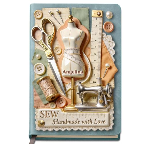 ALMAGEMSUS Personalized Sewing Journal Notebook, Custom Leather Journal with Name for Women, Tailor Quilter Gift, Handmade Sewing Theme Notebook, Unique Creative Writing Sketchbook