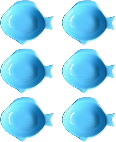 Miniatura 4 de Platos de porcelana con diseño de forma de pescado, platos de condimentos para salsa de soja, azulblancorosa (juego de 6)