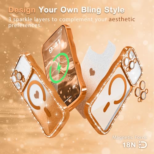 Amzfield Magnetic Phone Case for iPhone 15 Pro, Bling Shiny Sparkle, Orange - image 7