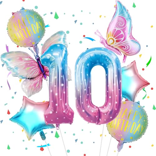VUCDXOP Conjunto de 8 balões de aniversário em forma de estrela, balões grandes de alumínio com número 10, papel alumínio e látex, decorações de aniversário de número 10 para meninas, suprimentos de