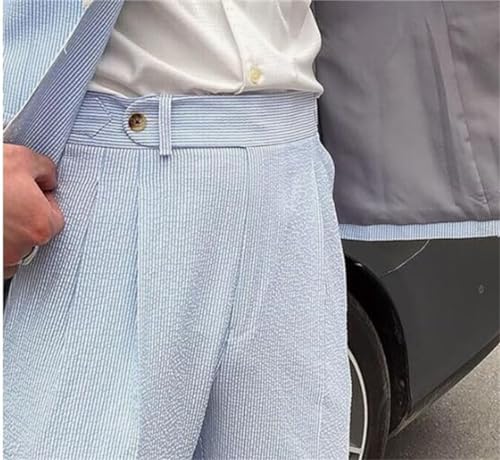 Seersucker Striped Men Suits Summer Blazer Pants Tuxedo 2Pcs Mens Wedding Grooms3