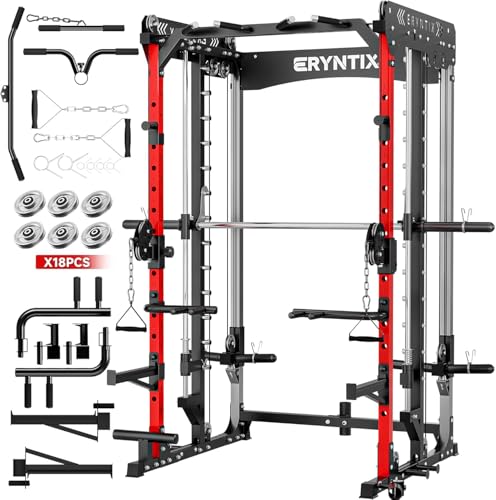 Smith Machine Power Cage with Cable Crossover System, 2600LBS Capacity Home Gym - All-in-One LAT Pulldown/Leg Press/Squat Rack, 18 Attachments for Strength Training