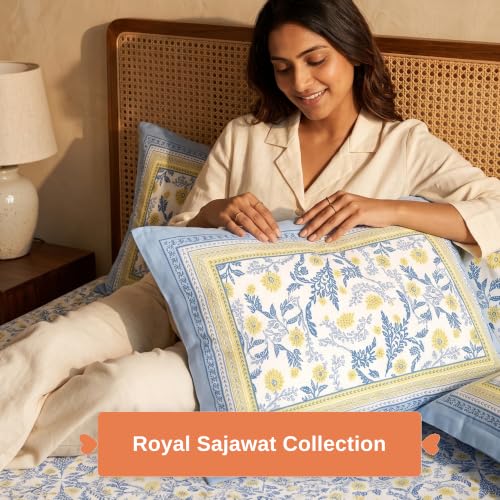Image of Naksh Queen Size Bed Sheet Blue Floral Print 90 inch x 108 inch