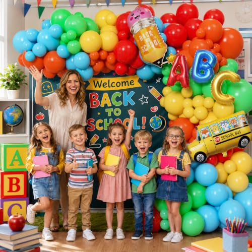 Image of Back to School Balloon Garland Arch Kit 180Pcs with Pencil School Bus ABC Balloons, Rainbow Balloon Arch Kit for First Day of School 2026 Kindergarten Grad Back to School Classroom Party Decor