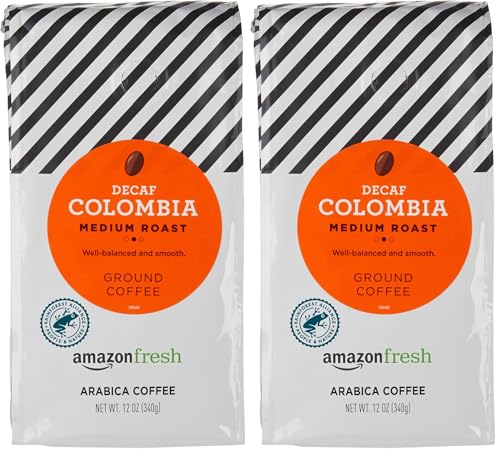 Image of Amazon Fresh Decaf Colombia Ground Coffee, Medium Roast, 12 Ounce (Pack of 2)